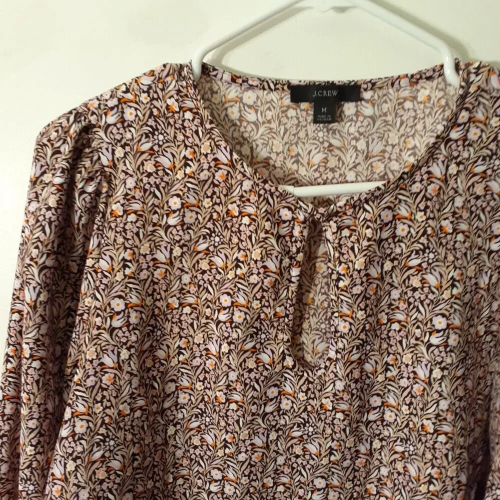 J. Crew Women's M Top Brown Floral Print Keyhole Neck Blouse Shirt J.crew